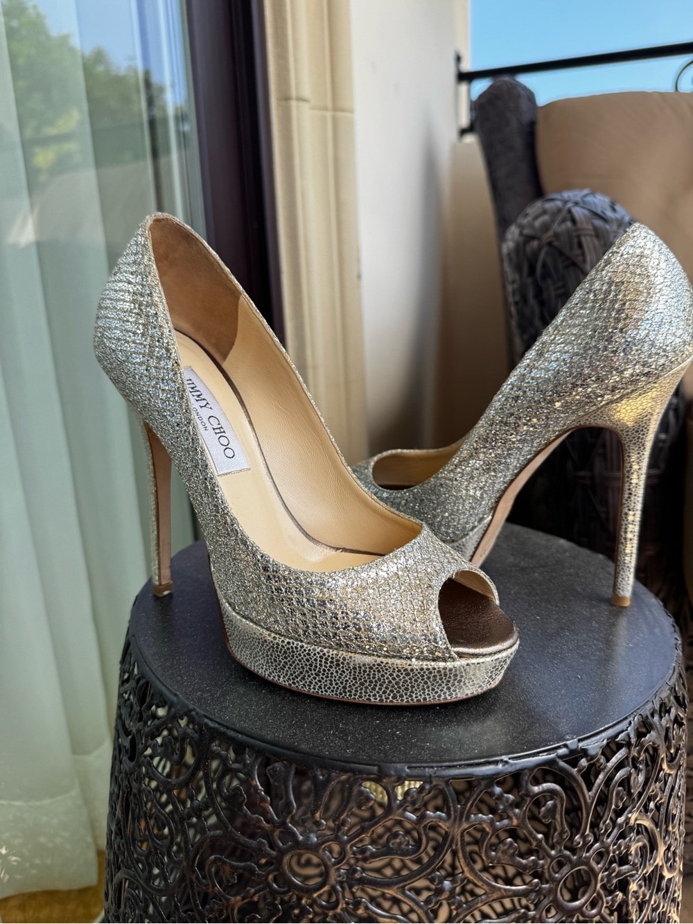Jimmy Choo Metallic Gold Glitter Peep-Toe Stiletto Heels